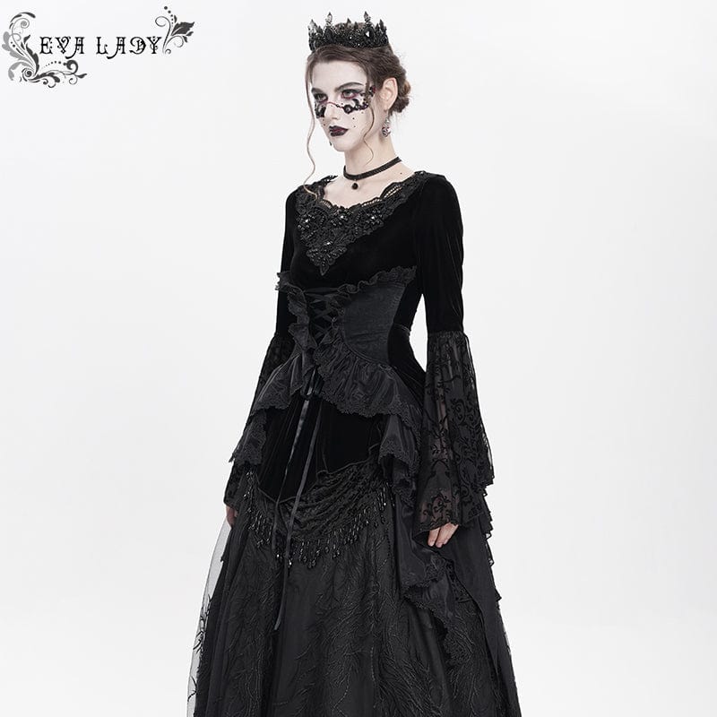 DEVIL FASHION Women's Gothic Lace-up Beaded Ruched Velvet Long Sleeved Shirt