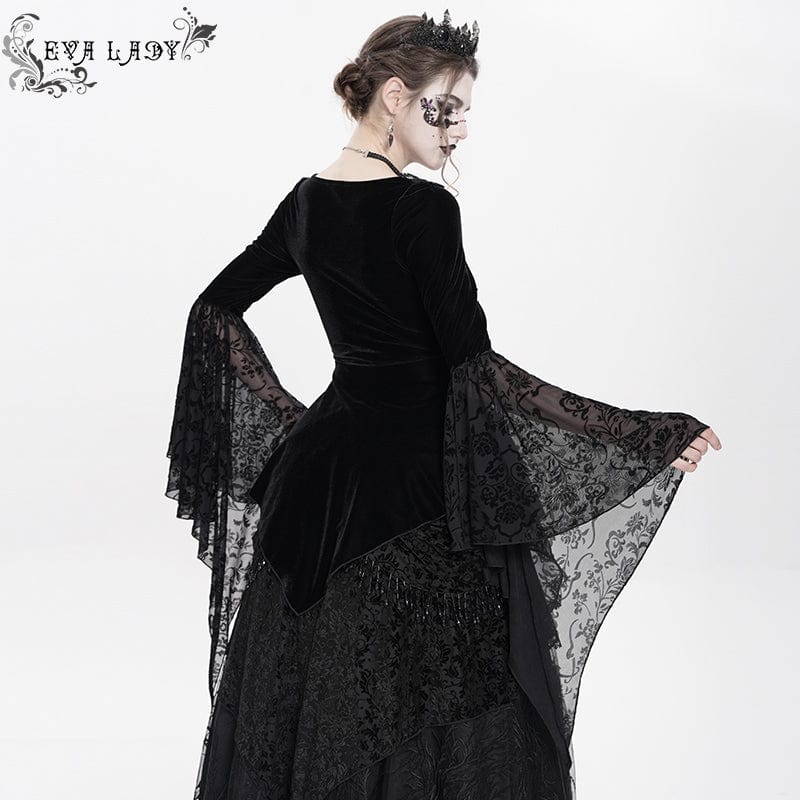 DEVIL FASHION Women's Gothic Lace-up Beaded Ruched Velvet Long Sleeved Shirt