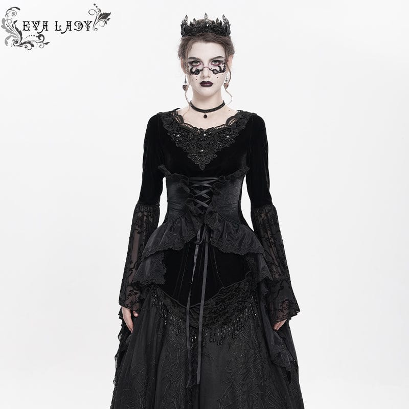 DEVIL FASHION Women's Gothic Lace-up Beaded Ruched Velvet Long Sleeved Shirt