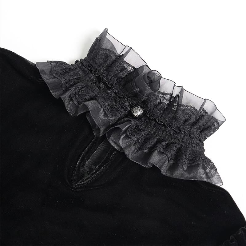 DEVIL FASHION Women's Gothic Lace-up Chained Flare Sleeve Velvet Top Black