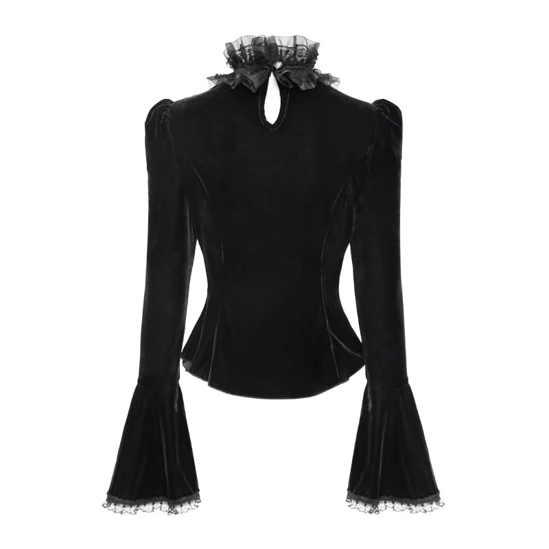 DEVIL FASHION Women's Gothic Lace-up Chained Flare Sleeve Velvet Top Black