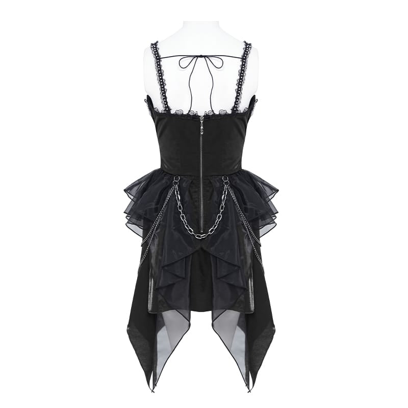 DEVIL FASHION Women's Gothic Lace-up Chained Ruched Irregular Hem Slip Dress Black