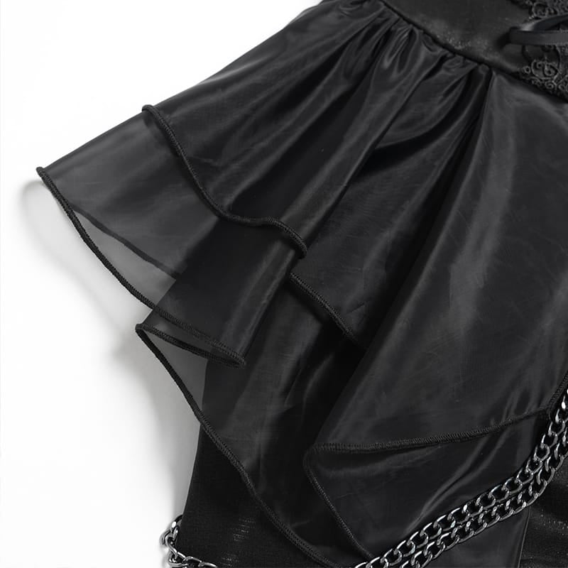DEVIL FASHION Women's Gothic Lace-up Chained Ruched Irregular Hem Slip Dress Black