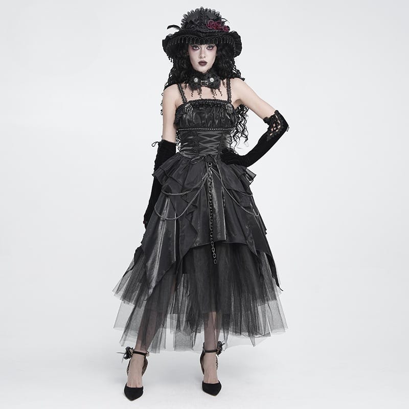 DEVIL FASHION Women's Gothic Lace-up Chained Ruched Irregular Hem Slip Dress Black