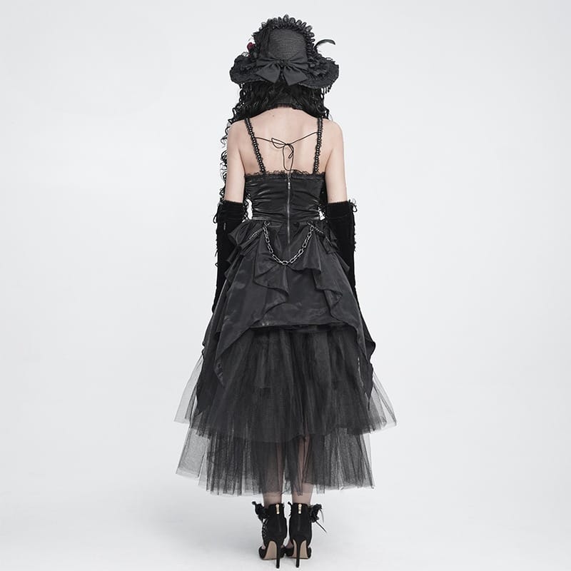 DEVIL FASHION Women's Gothic Lace-up Chained Ruched Irregular Hem Slip Dress Black