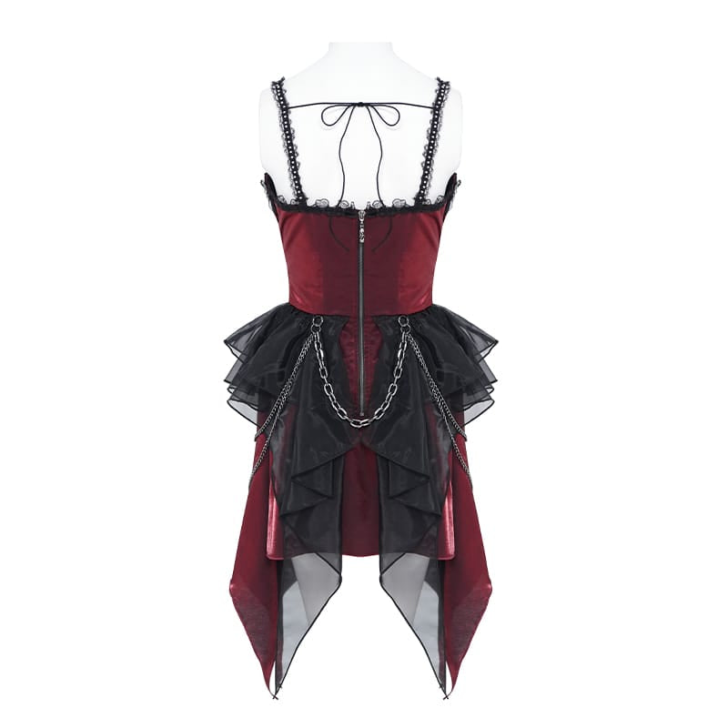 DEVIL FASHION Women's Gothic Lace-up Chained Ruched Irregular Hem Slip Dress Black-Red