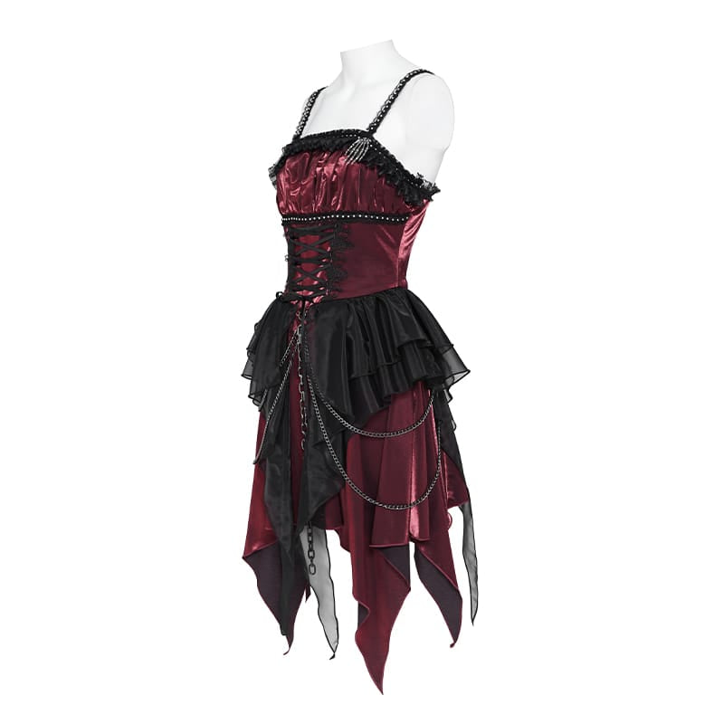 DEVIL FASHION Women's Gothic Lace-up Chained Ruched Irregular Hem Slip Dress Black-Red