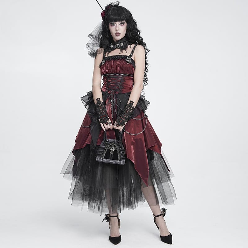 DEVIL FASHION Women's Gothic Lace-up Chained Ruched Irregular Hem Slip Dress Black-Red
