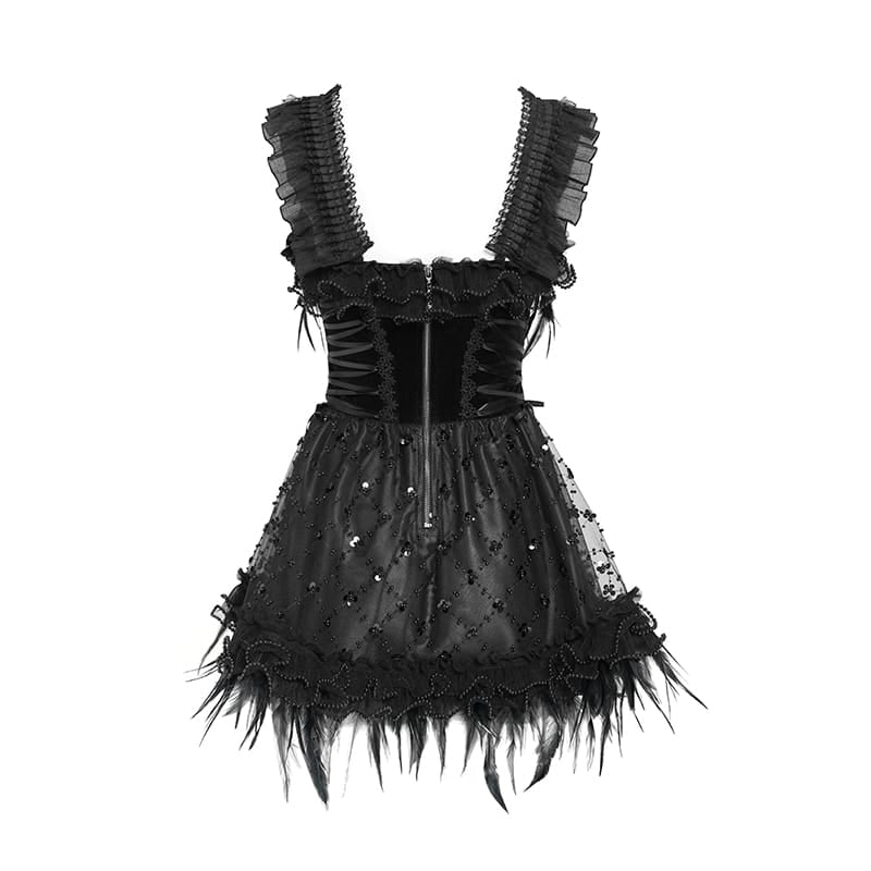DEVIL FASHION Women's Gothic Lace-up Embroidered Feather Trim Slip Dress Black