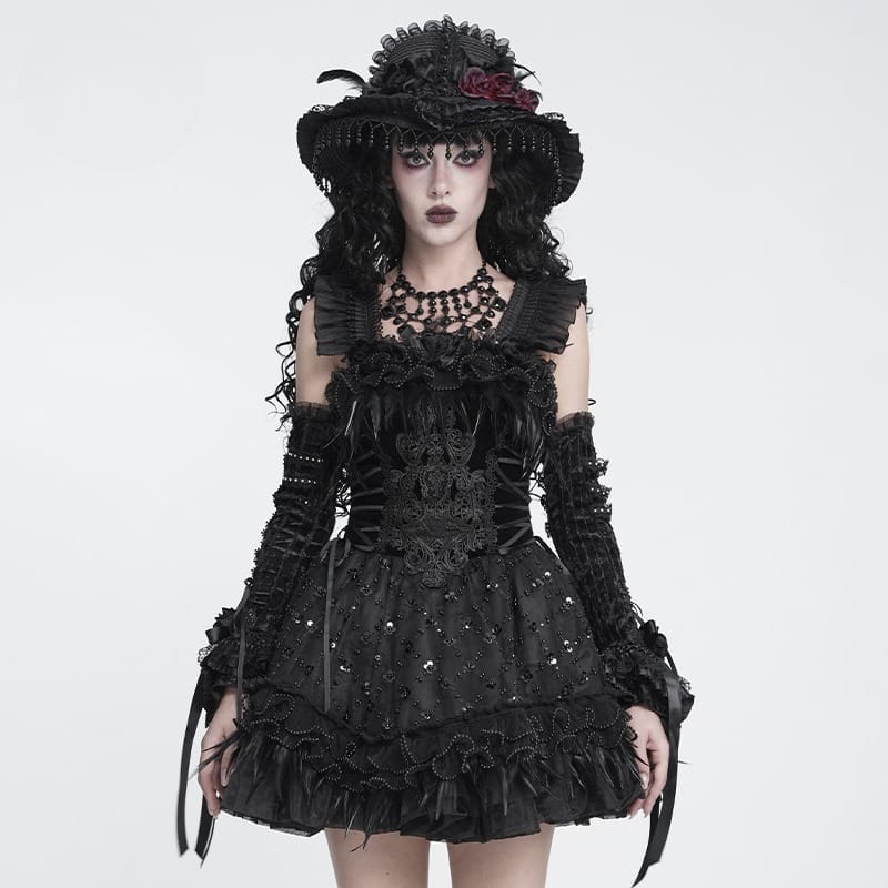 DEVIL FASHION Women's Gothic Lace-up Embroidered Feather Trim Slip Dress Black