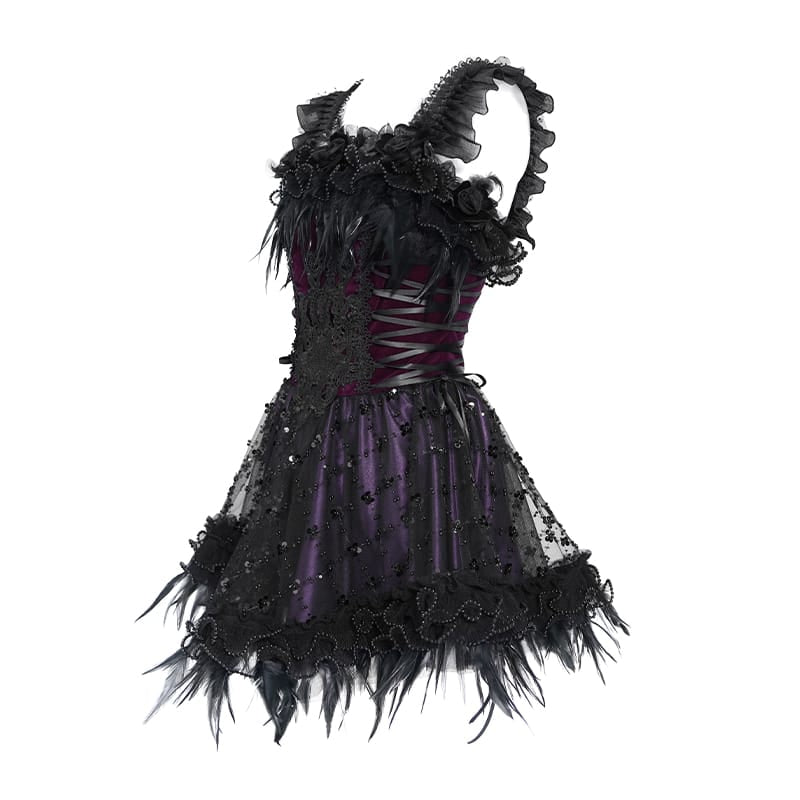 DEVIL FASHION Women's Gothic Lace-up Embroidered Feather Trim Slip Dress Black-Purple
