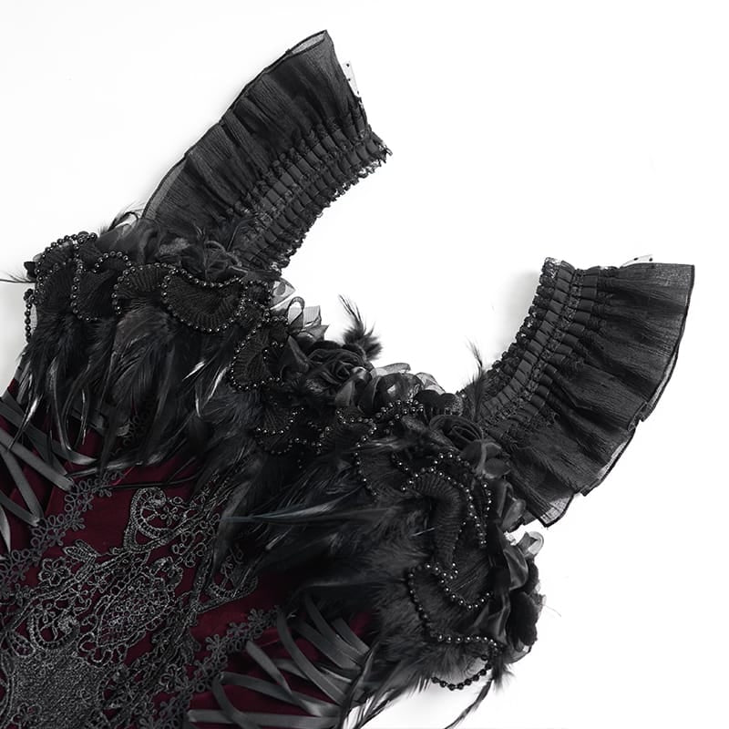 DEVIL FASHION Women's Gothic Lace-up Embroidered Feather Trim Slip Dress Black-Red