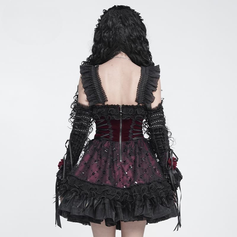 DEVIL FASHION Women's Gothic Lace-up Embroidered Feather Trim Slip Dress Black-Red