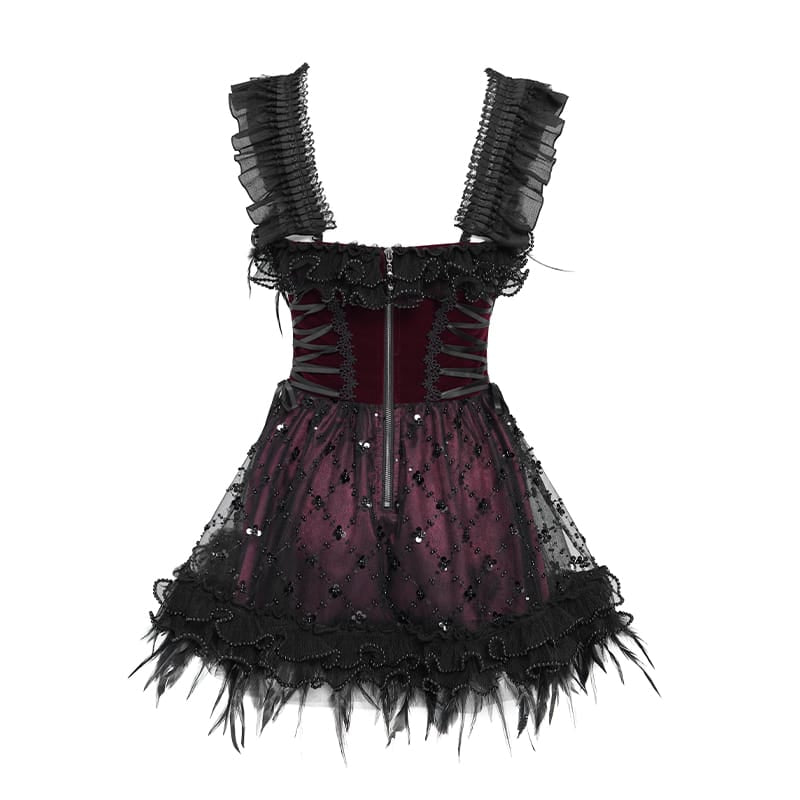 DEVIL FASHION Women's Gothic Lace-up Embroidered Feather Trim Slip Dress Black-Red