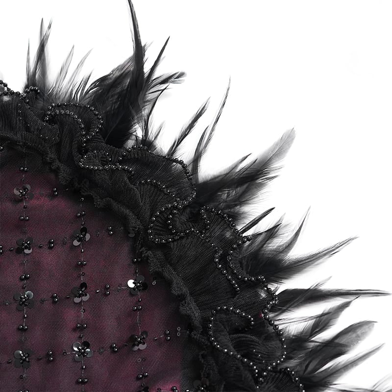 DEVIL FASHION Women's Gothic Lace-up Embroidered Feather Trim Slip Dress Black-Red