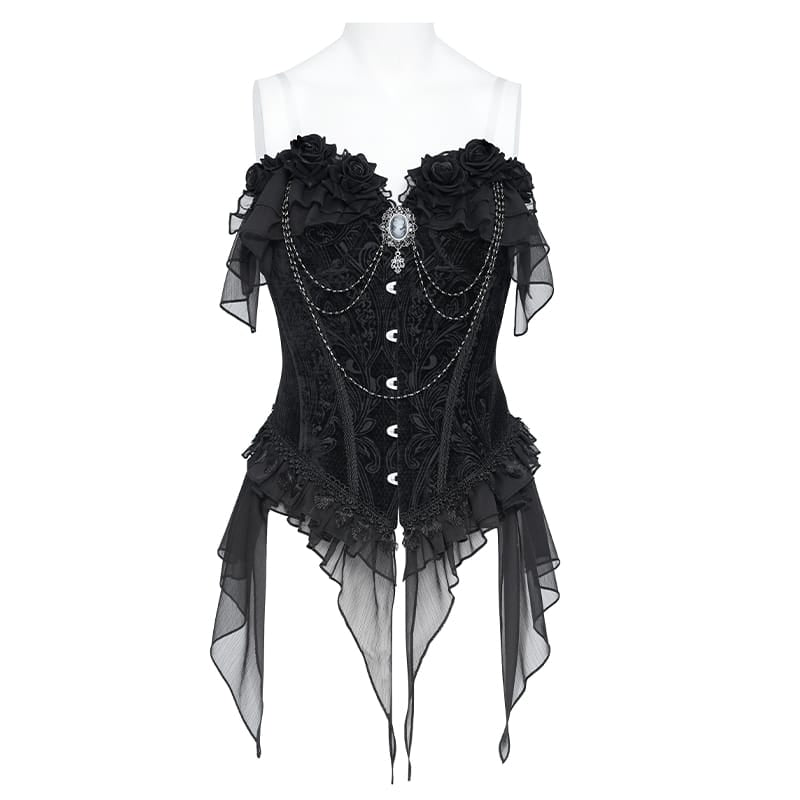 DEVIL FASHION Women's Gothic Lace-up Jacquard Overbust Corset with Asymmetrical Draped Sheer Chiffon Tails