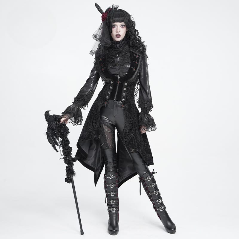 DEVIL FASHION Women's Gothic Lace-up Lapel Jacquard Sleeveless Tailcoat