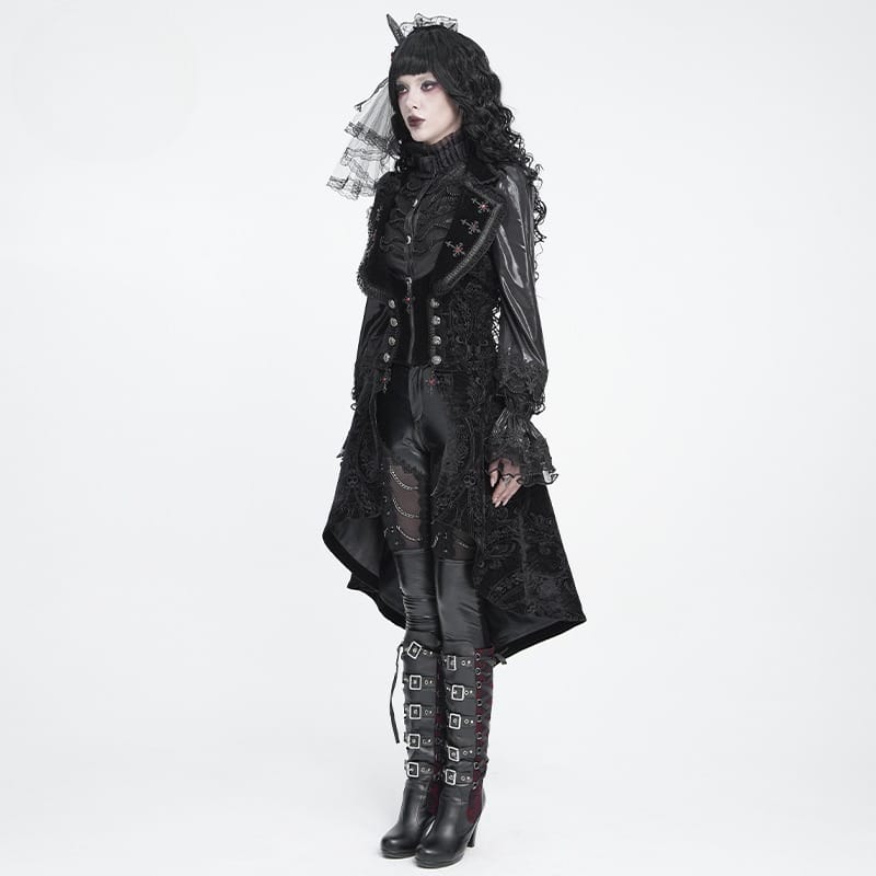 DEVIL FASHION Women's Gothic Lace-up Lapel Jacquard Sleeveless Tailcoat
