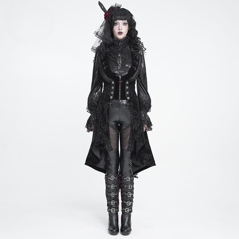 DEVIL FASHION Women's Gothic Lace-up Lapel Jacquard Sleeveless Tailcoat