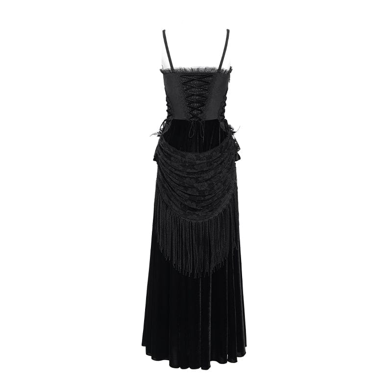 DEVIL FASHION Women's Gothic Lace-up Plumed Velvet Long Slip Dress