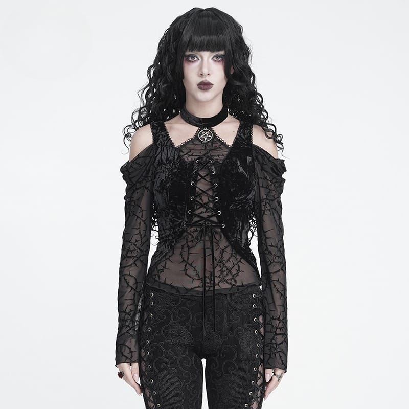 DEVIL FASHION Women's Gothic Lace-up Thorny Vine Off Shoulder Mesh Top