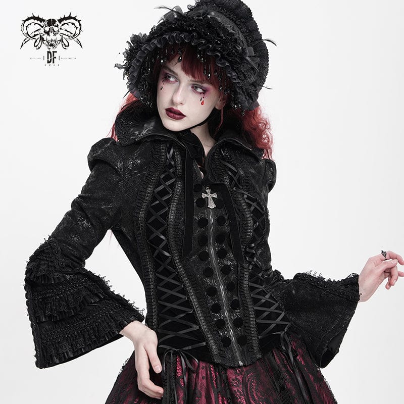 DEVIL FASHION Women's Gothic Lace-up Turn-down Collar Flared Sleeved Jacket