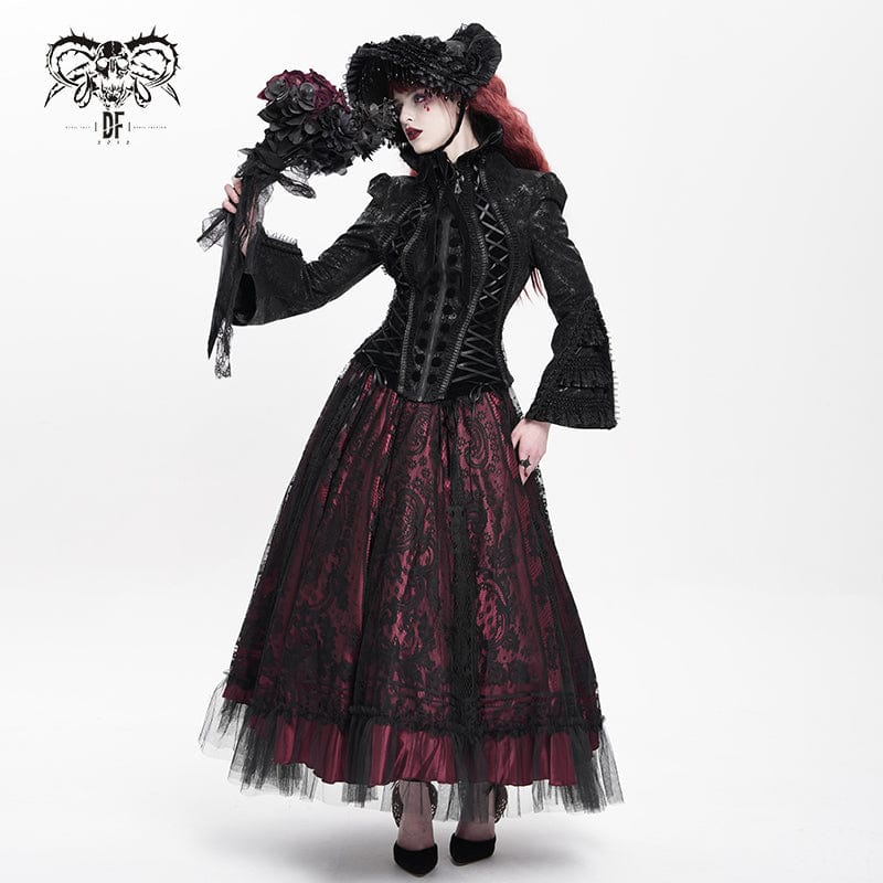 DEVIL FASHION Women's Gothic Lace-up Turn-down Collar Flared Sleeved Jacket
