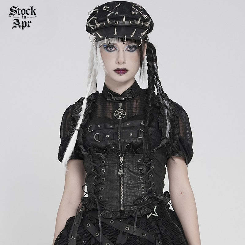 DEVIL FASHION Women's Gothic Lace-up Zip Swallow-tailed Vest Black