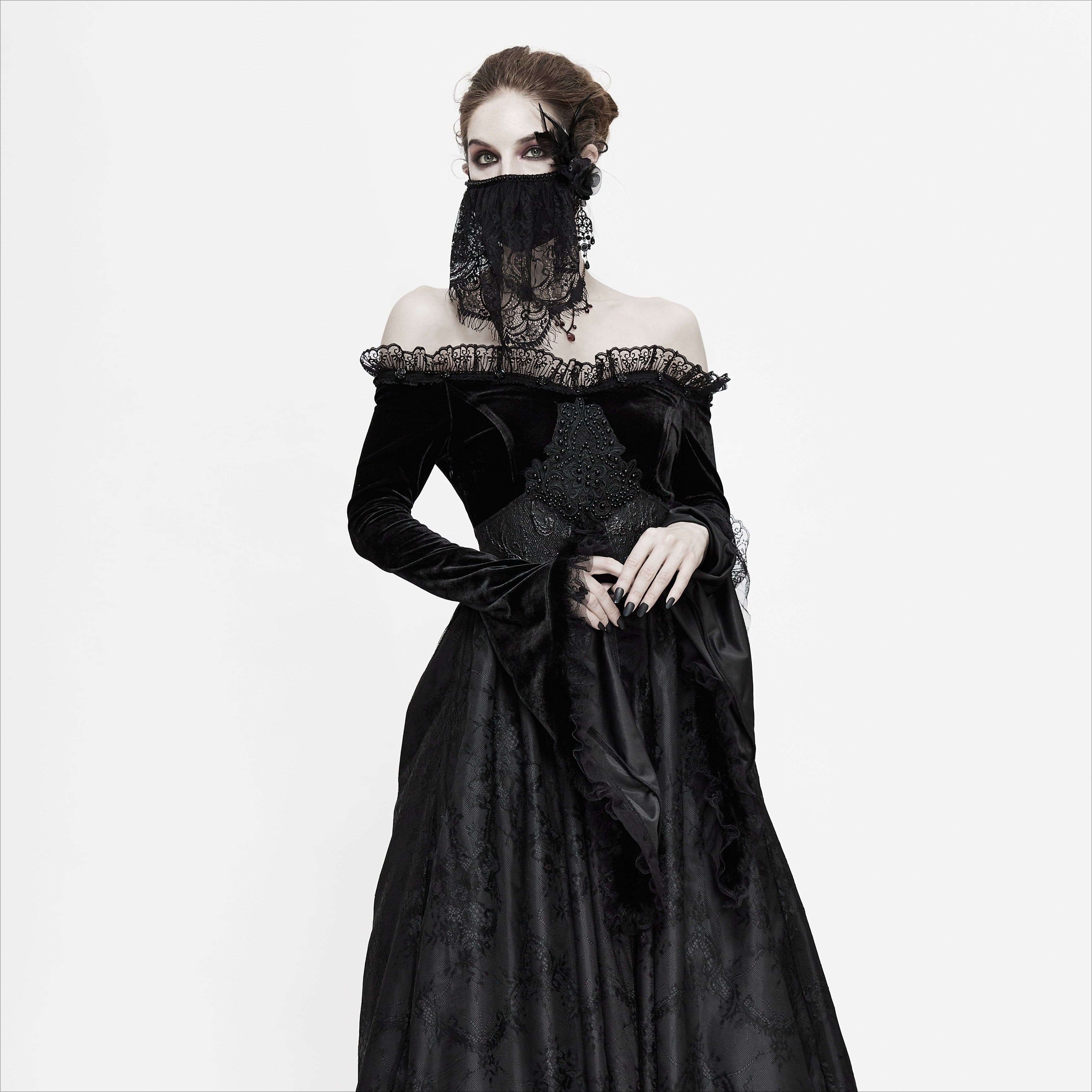 DEVIL FASHION Women's Gothic Lace Veil with Rose & Feather Accessory