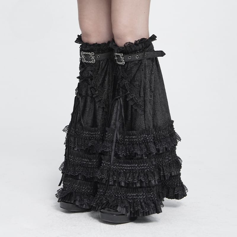 DEVIL FASHION Women's Gothic Layered Lace-Trimmed Buckle-up Leg Warmers