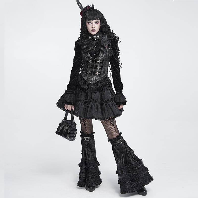 DEVIL FASHION Women's Gothic Layered Lace-Trimmed Buckle-up Leg Warmers