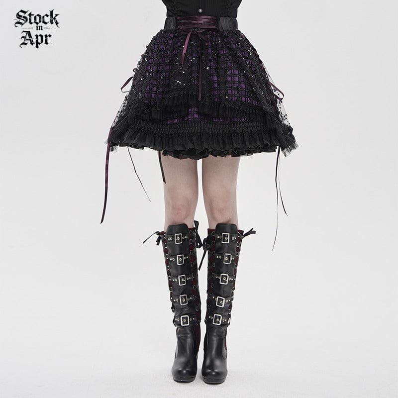 DEVIL FASHION Women's Gothic Layered Lace-up Plaid Skirt Black-Purple