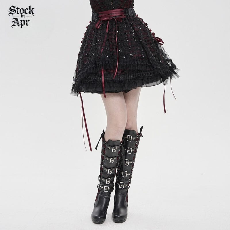 DEVIL FASHION Women's Gothic Layered Lace-up Plaid Skirt Black-Red