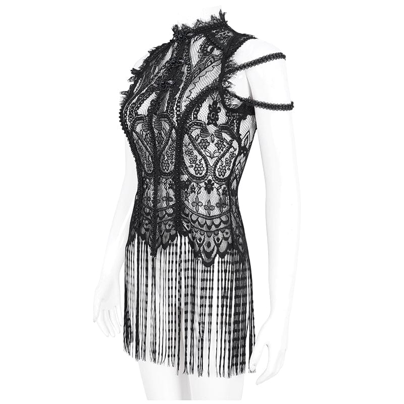 DEVIL FASHION Women's Gothic Mesh Floral Crocheted Lace Top