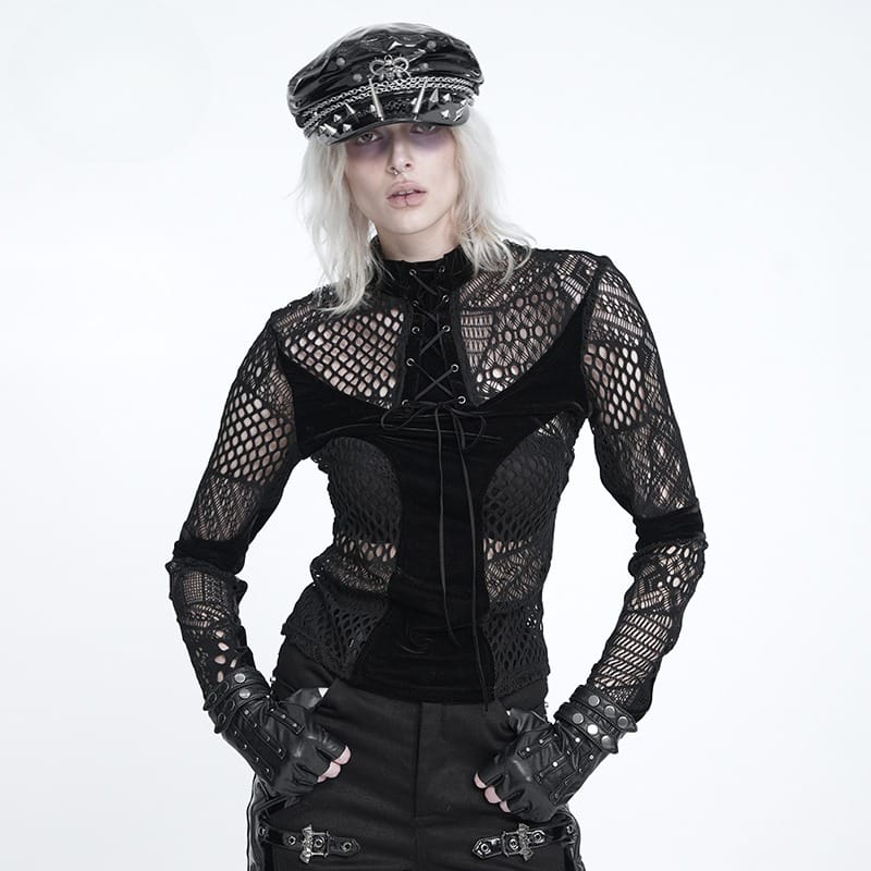 DEVIL FASHION Women's Gothic Mesh Lace-Up Mock Neck Long Sleeve Top