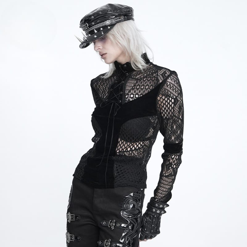 DEVIL FASHION Women's Gothic Mesh Lace-Up Mock Neck Long Sleeve Top