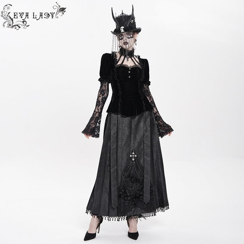 DEVIL FASHION Women's Gothic Mesh Puff Long Sleeved Velvet Shirt Black