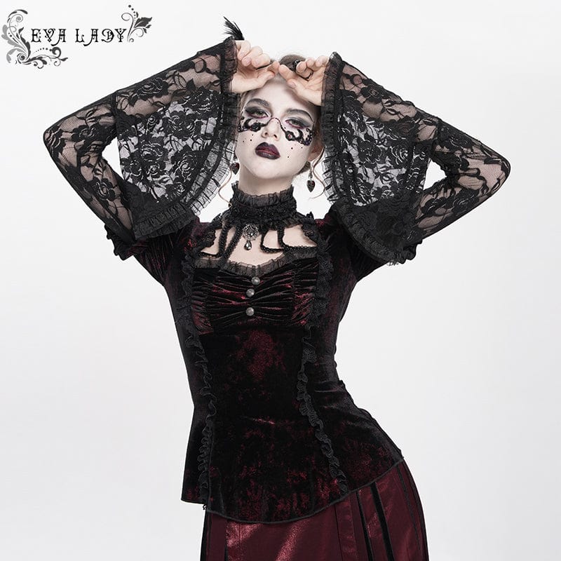 DEVIL FASHION Women's Gothic Mesh Puff Long Sleeved Velvet Shirt Red