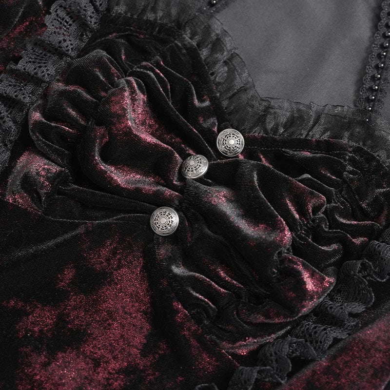 DEVIL FASHION Women's Gothic Mesh Puff Long Sleeved Velvet Shirt Red
