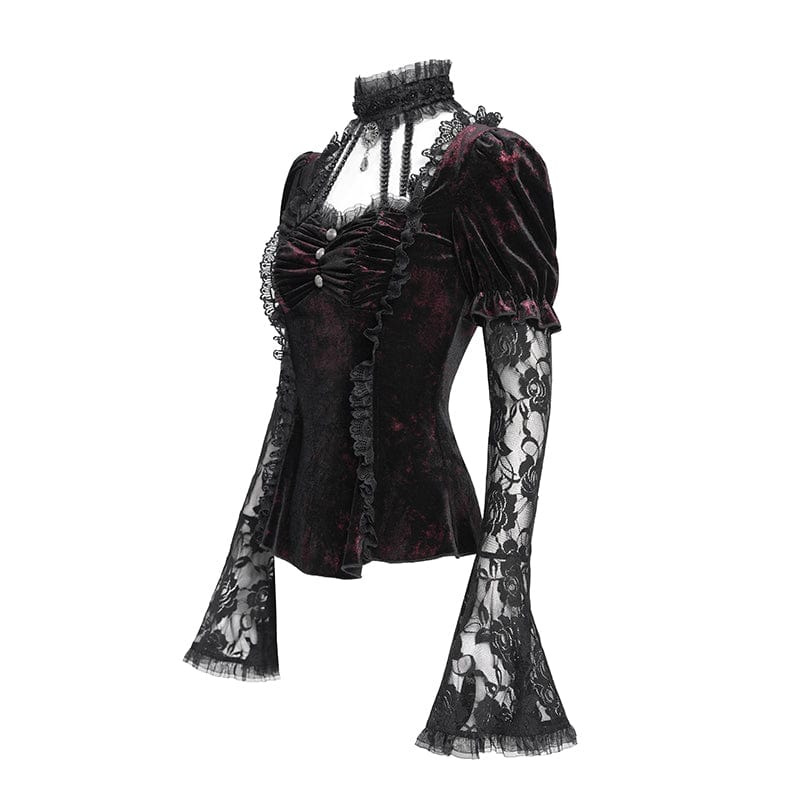 DEVIL FASHION Women's Gothic Mesh Puff Long Sleeved Velvet Shirt Red