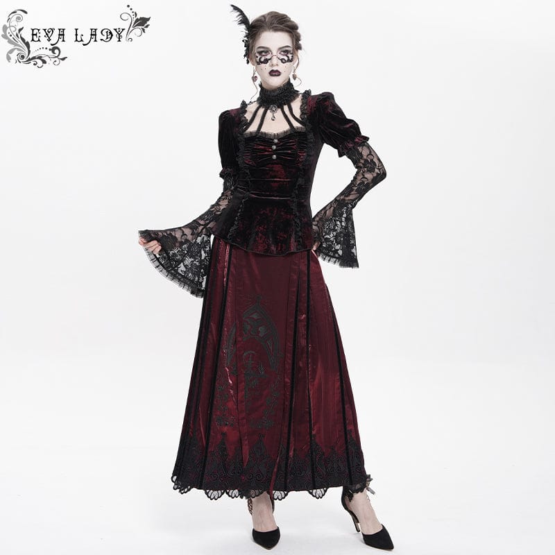 DEVIL FASHION Women's Gothic Mesh Puff Long Sleeved Velvet Shirt Red