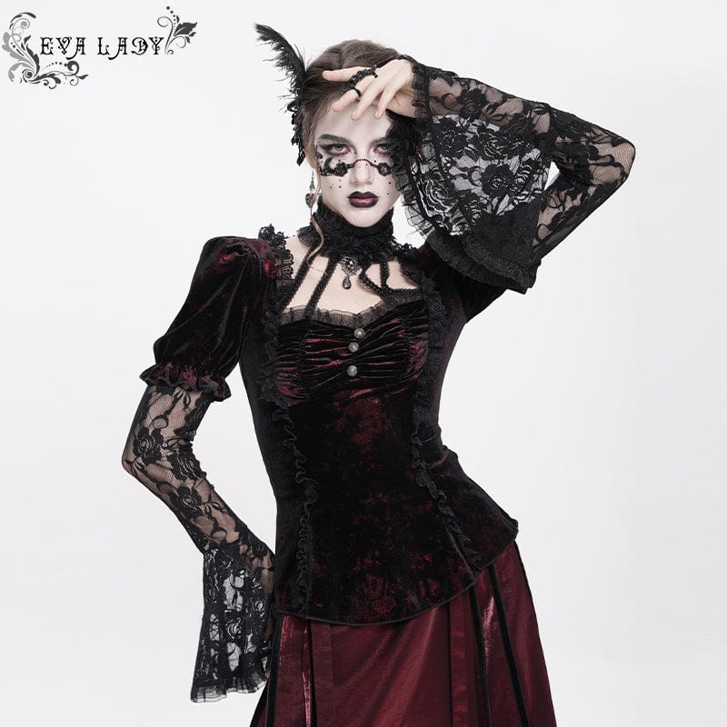 DEVIL FASHION Women's Gothic Mesh Puff Long Sleeved Velvet Shirt Red