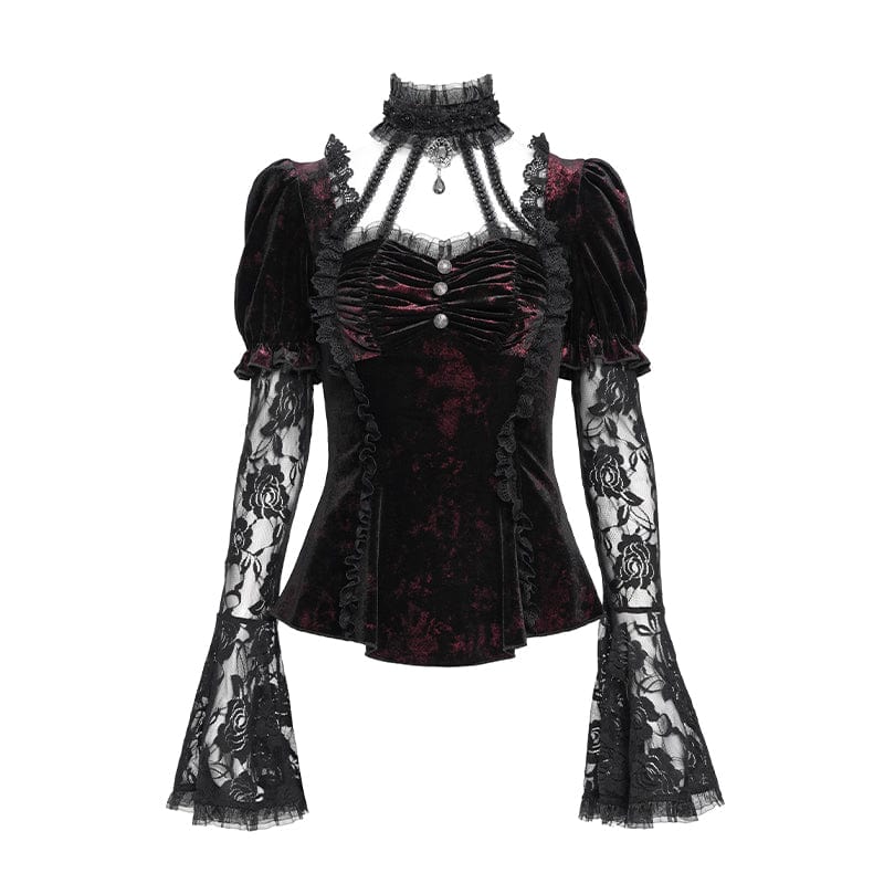 DEVIL FASHION Women's Gothic Mesh Puff Long Sleeved Velvet Shirt Red