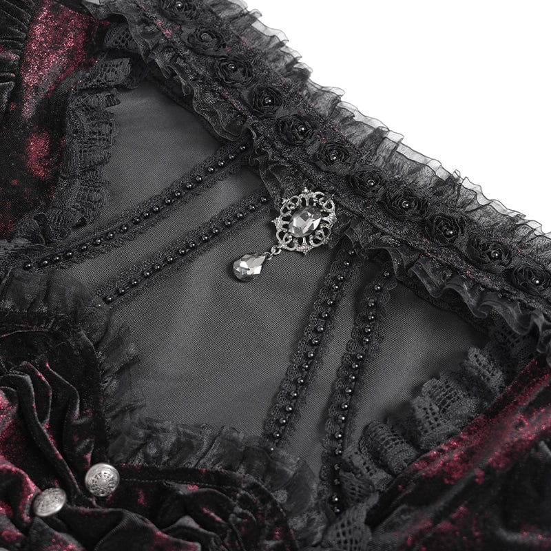 DEVIL FASHION Women's Gothic Mesh Puff Long Sleeved Velvet Shirt Red