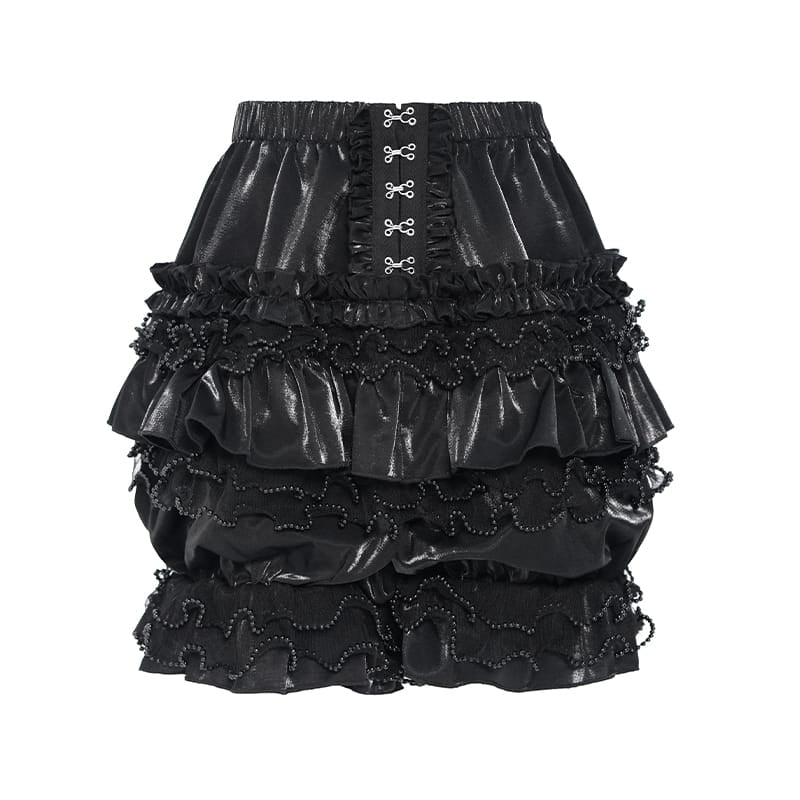 DEVIL FASHION Women's Gothic Multi-Layer Beaded Ruffle Elastic Waist Shorts