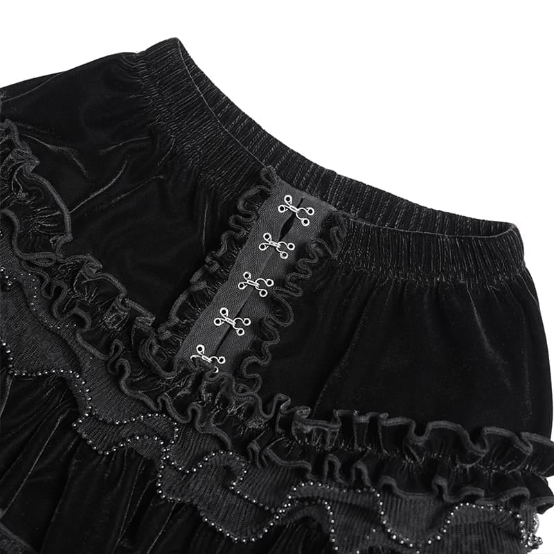 DEVIL FASHION Women's Gothic Multi-Layer Beaded Ruffle Velvet Shorts Black