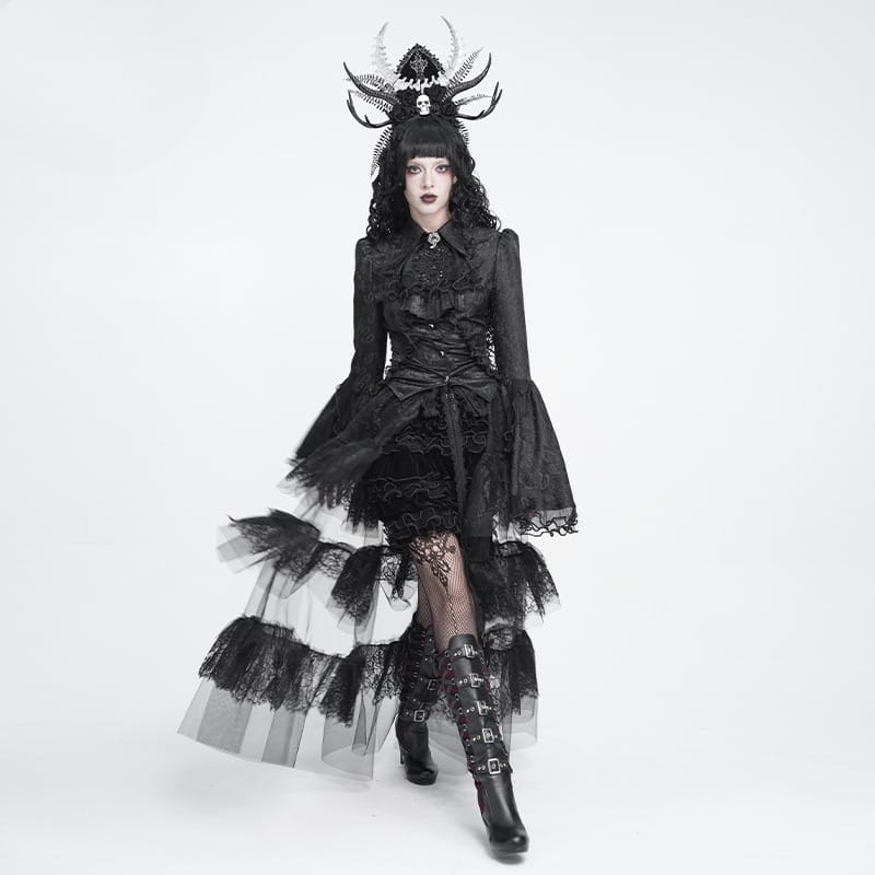 DEVIL FASHION Women's Gothic Multi-Layer Beaded Ruffle Velvet Shorts Black