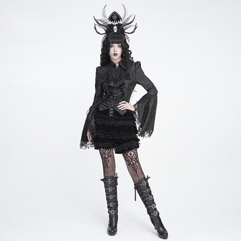 DEVIL FASHION Women's Gothic Multi-Layer Beaded Ruffle Velvet Shorts Black
