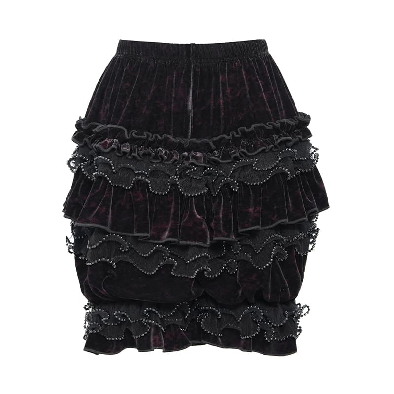 DEVIL FASHION Women's Gothic Multi-Layer Beaded Ruffle Velvet Shorts Black-Red