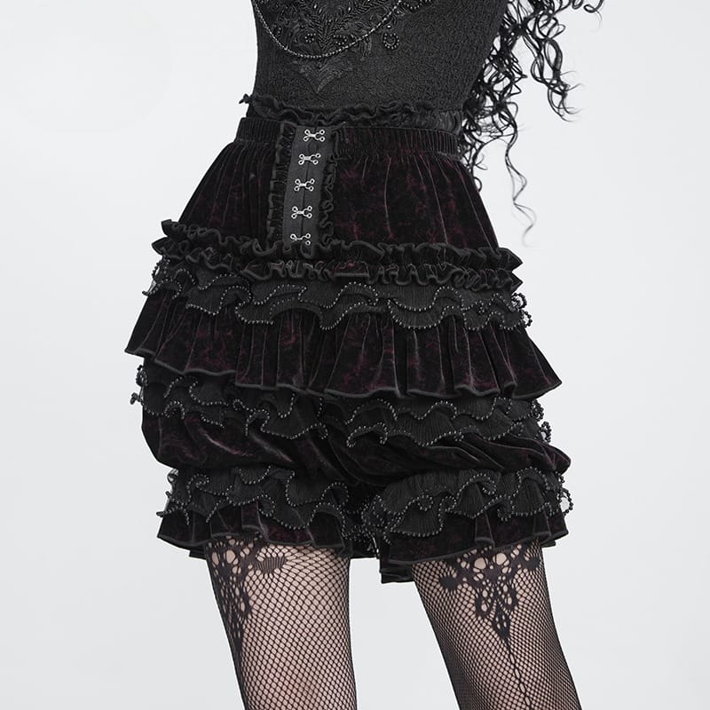 DEVIL FASHION Women's Gothic Multi-Layer Beaded Ruffle Velvet Shorts Black-Red